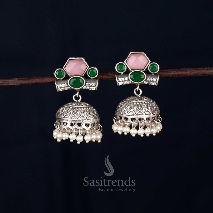 Navaratri Oxidised Silver Hexagon Oval Jhumka Earrings – sasitrends