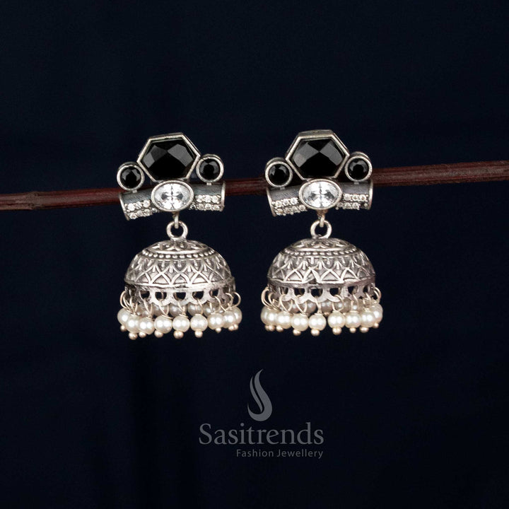 Navaratri Oxidised Silver Hexagon Oval Jhumka Earrings – sasitrends