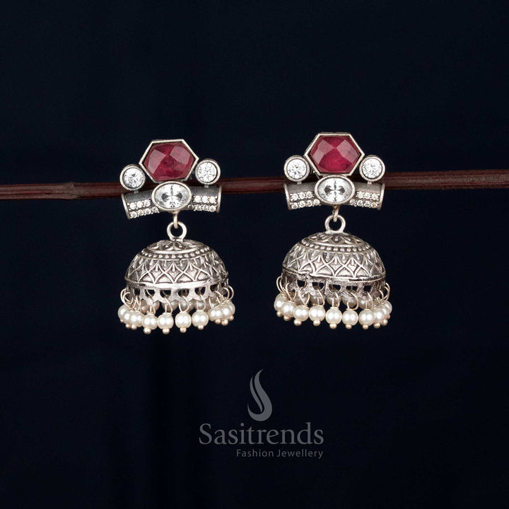 Navaratri Oxidised Silver Hexagon Oval Jhumka Earrings – sasitrends