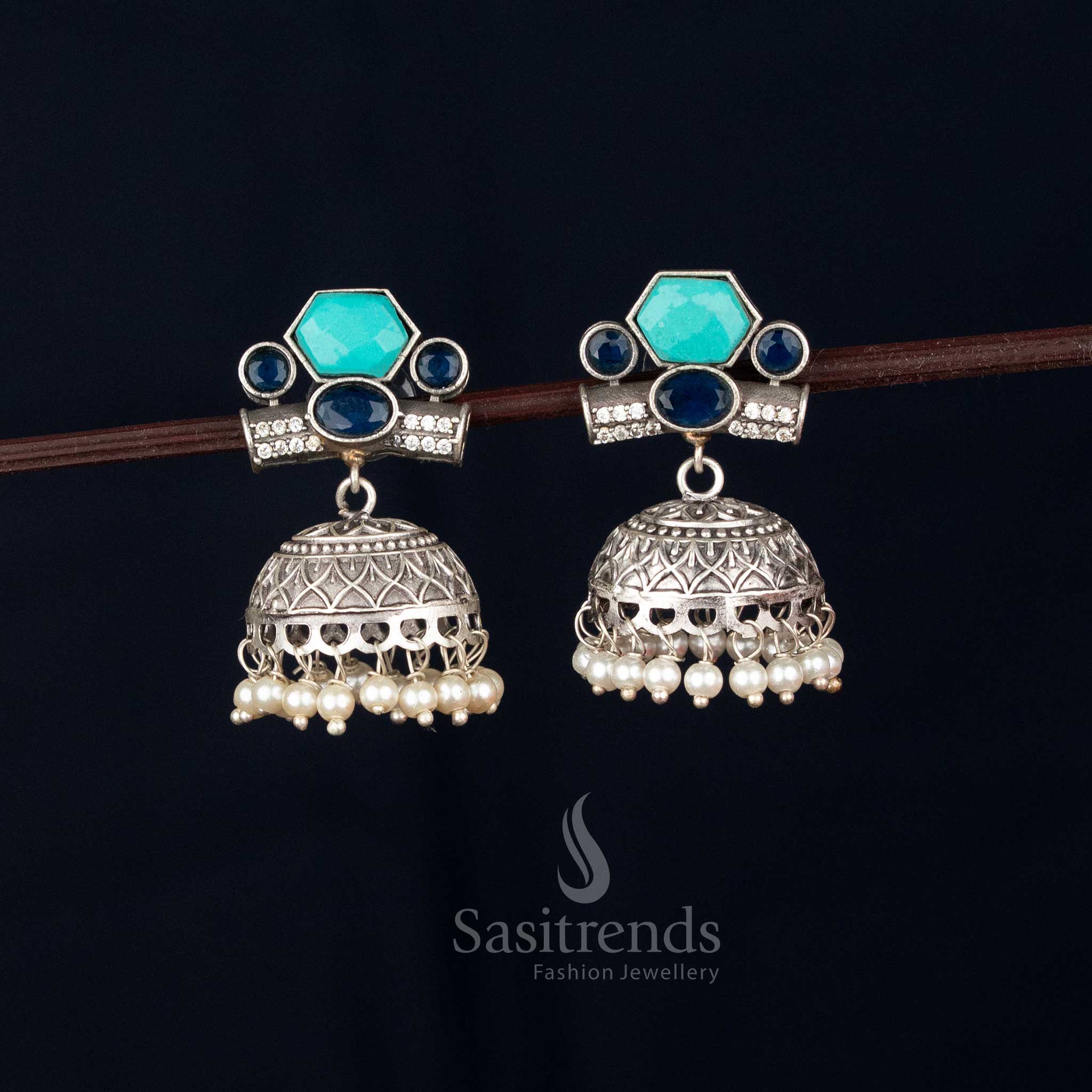 Navaratri Oxidised Silver Hexagon Oval Jhumka Earrings – sasitrends