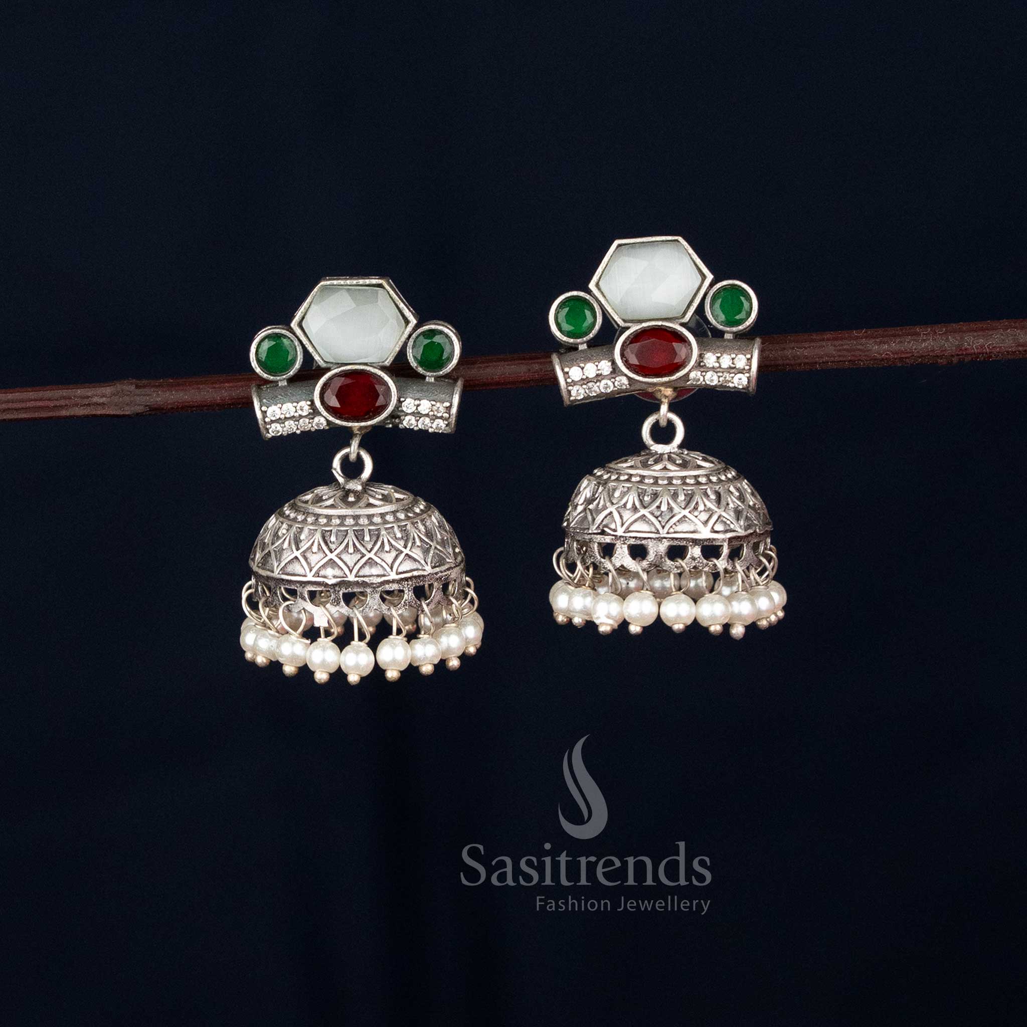 Oxidised Silver Hexagon Stud with Oval Jhumka Earrings for Festive Wear – sasitrends