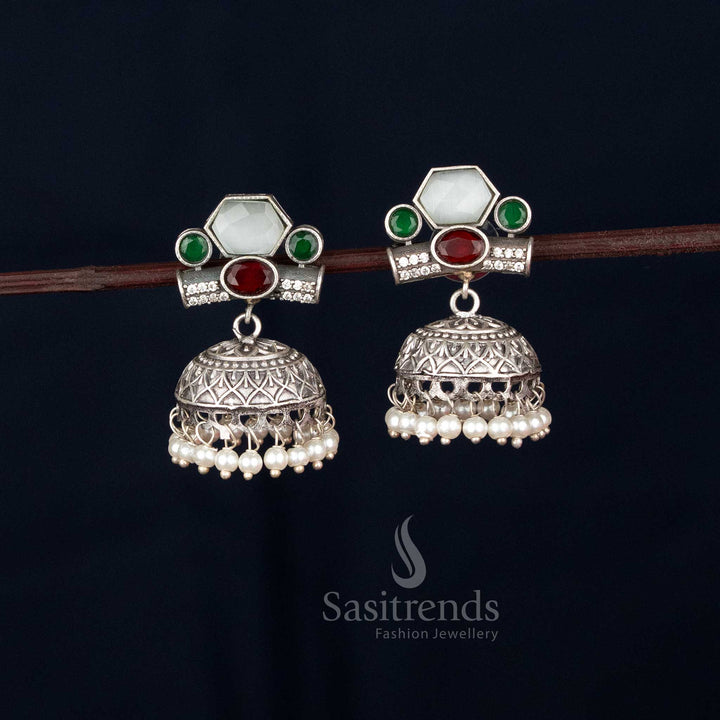Oxidised Silver Hexagon Stud with Oval Jhumka Earrings for Festive Wear – sasitrends