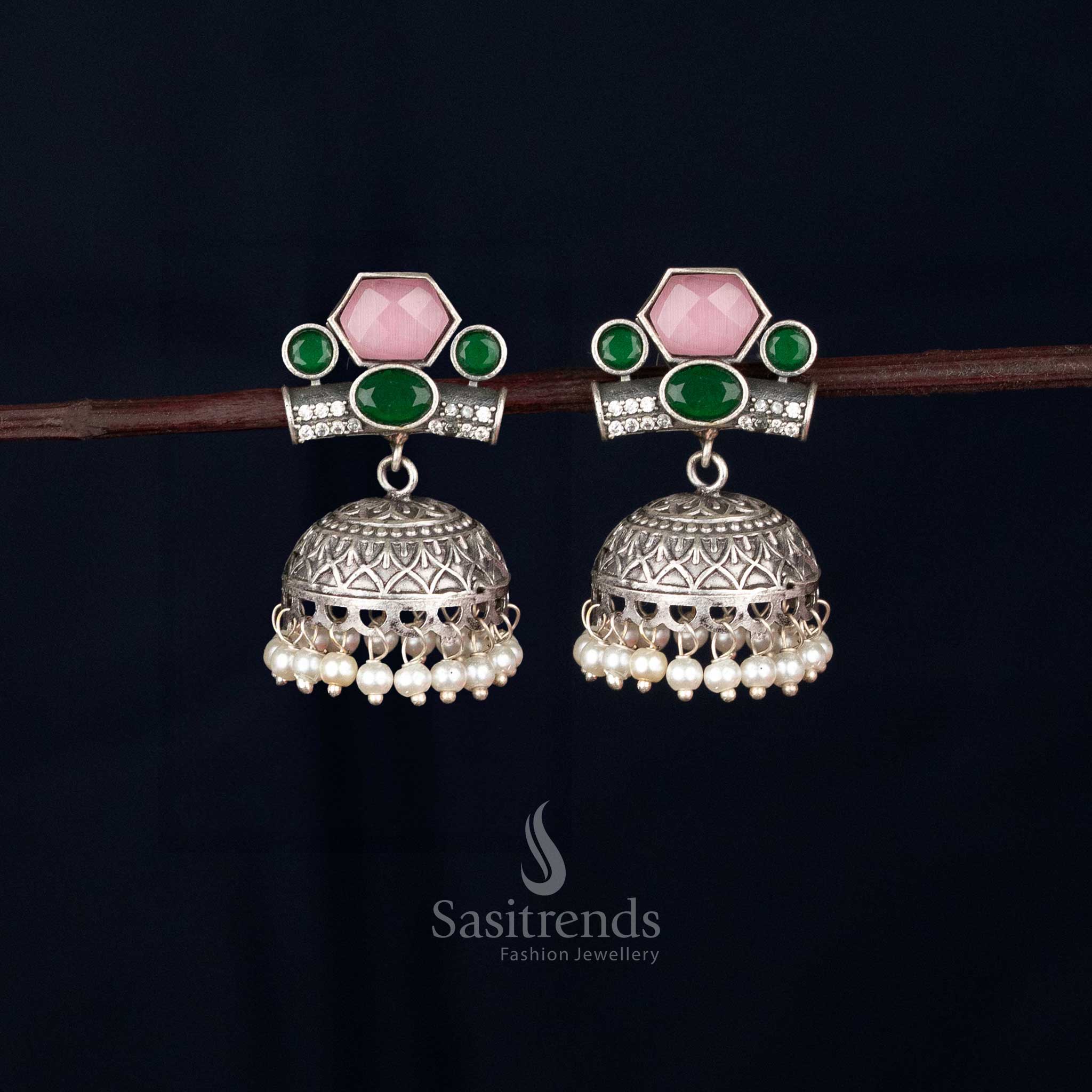 Oxidised silver hexagon stud earrings paired with oval jhumkas and pearl drops, designed for Navaratri styling and festive celebrations – Sasitrends