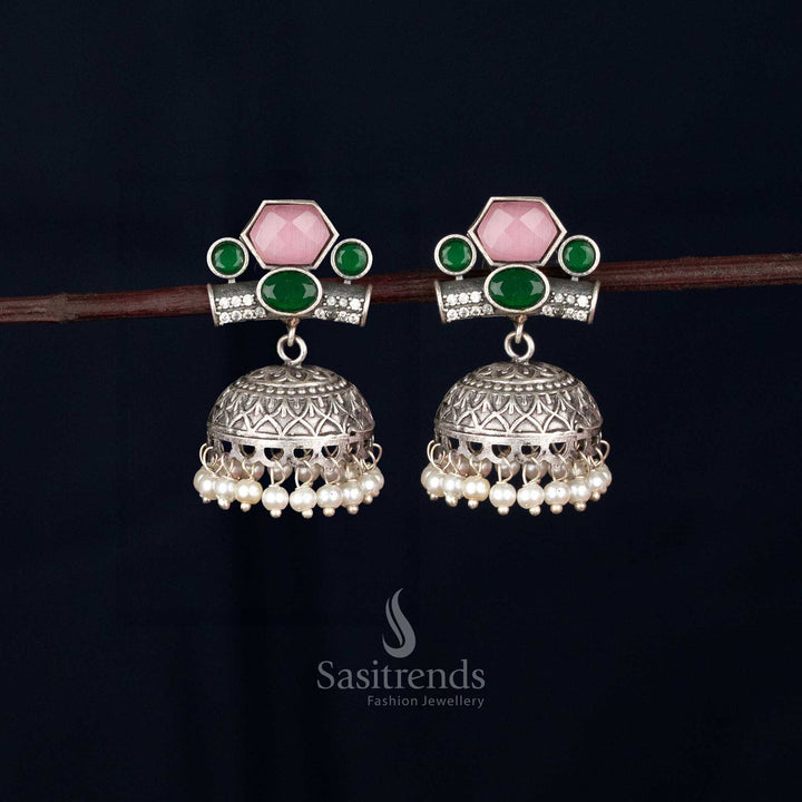 Oxidised silver hexagon stud earrings paired with oval jhumkas and pearl drops, designed for Navaratri styling and festive celebrations – Sasitrends