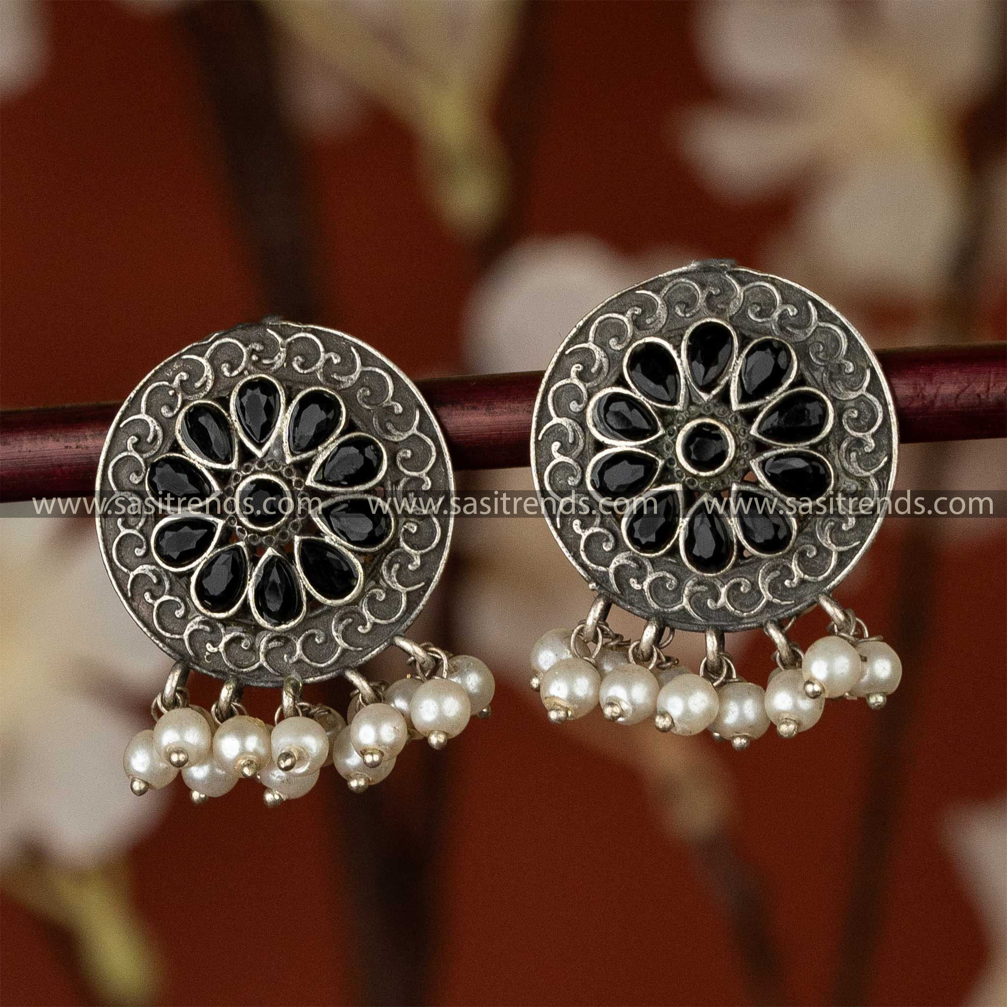 Floral Oxidised Silver Look Earrings with Pearls Ethnic Chic Sasitrends