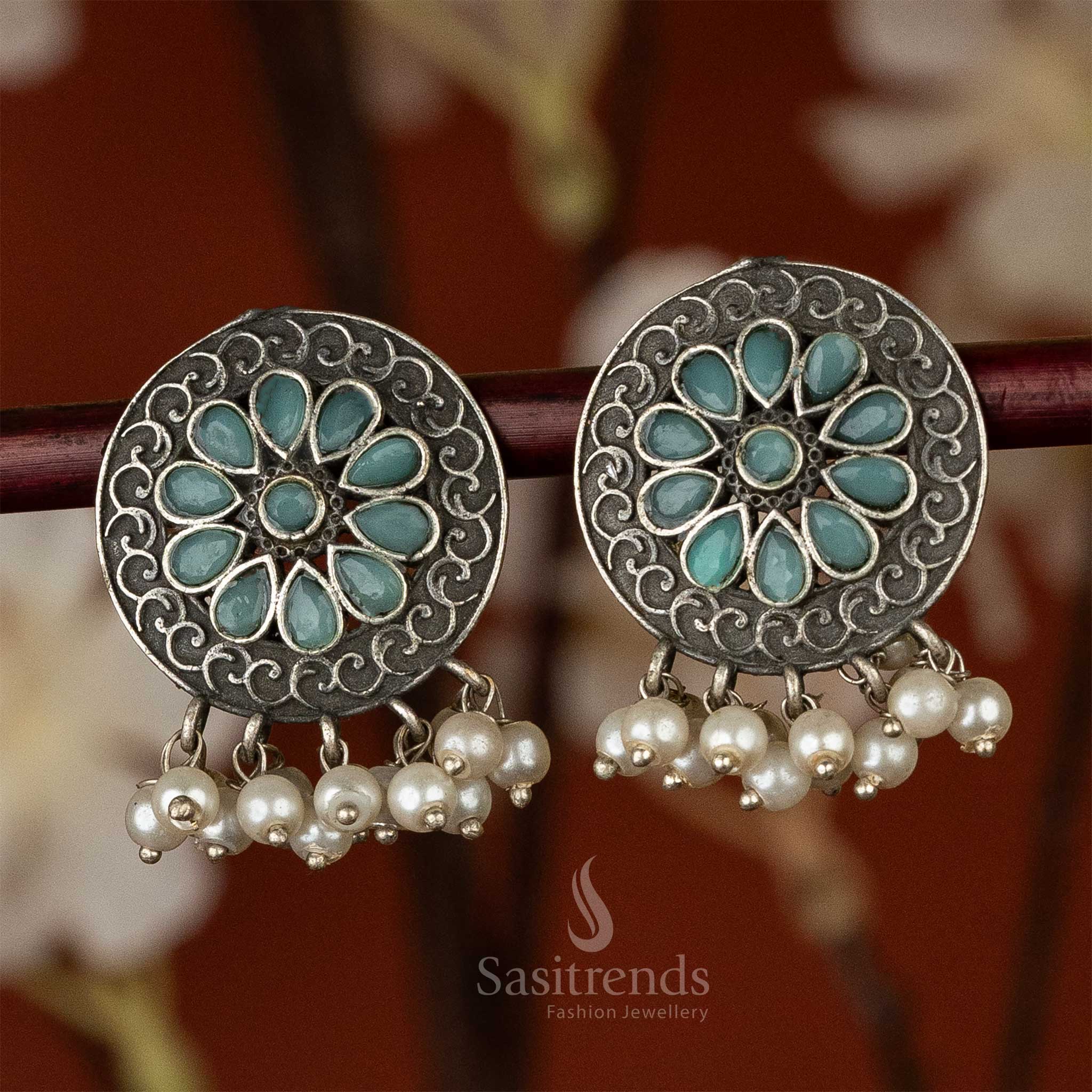 Latest Oxidised Floral Mint Stones Studded Pearls Hanging Earrings Sasitrends Online Shopping