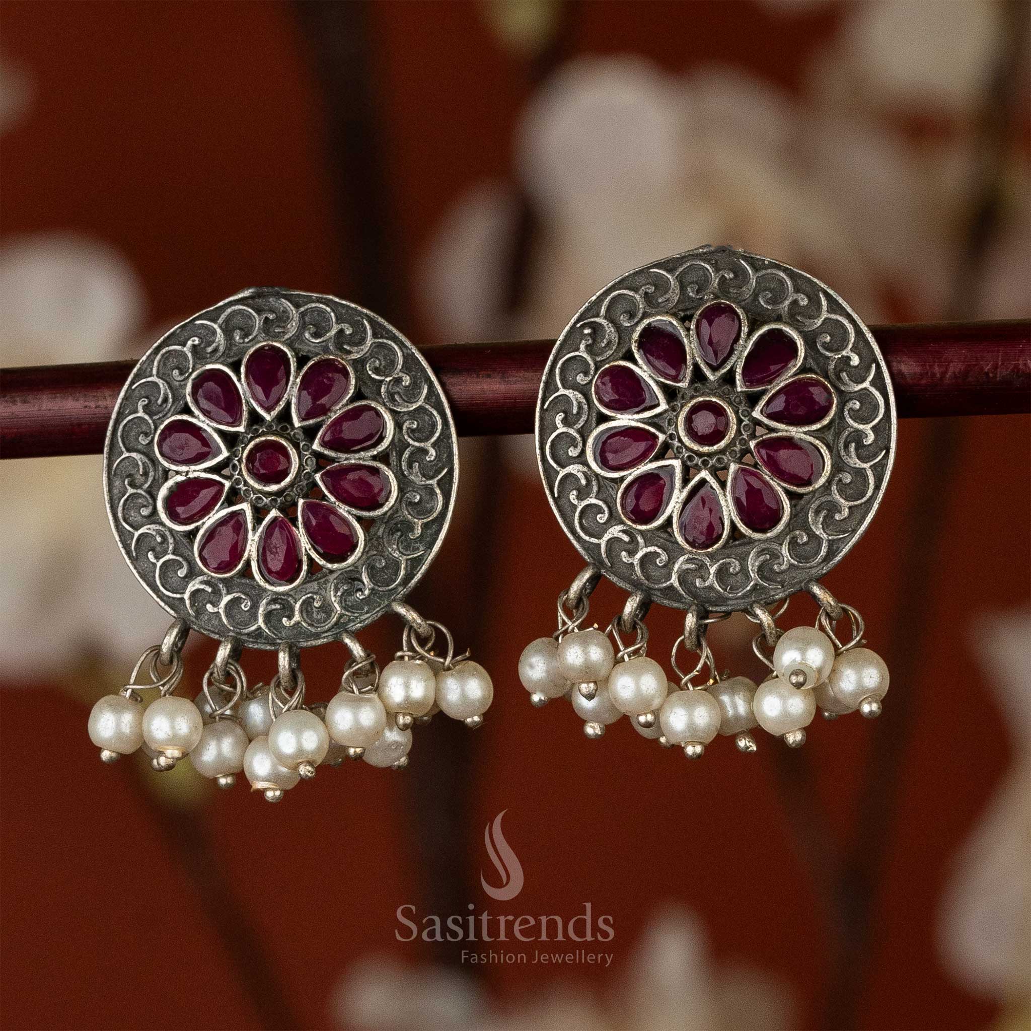 Ruby Stones Stud Latest Oxidised Floral Pattern Pearl Earrings