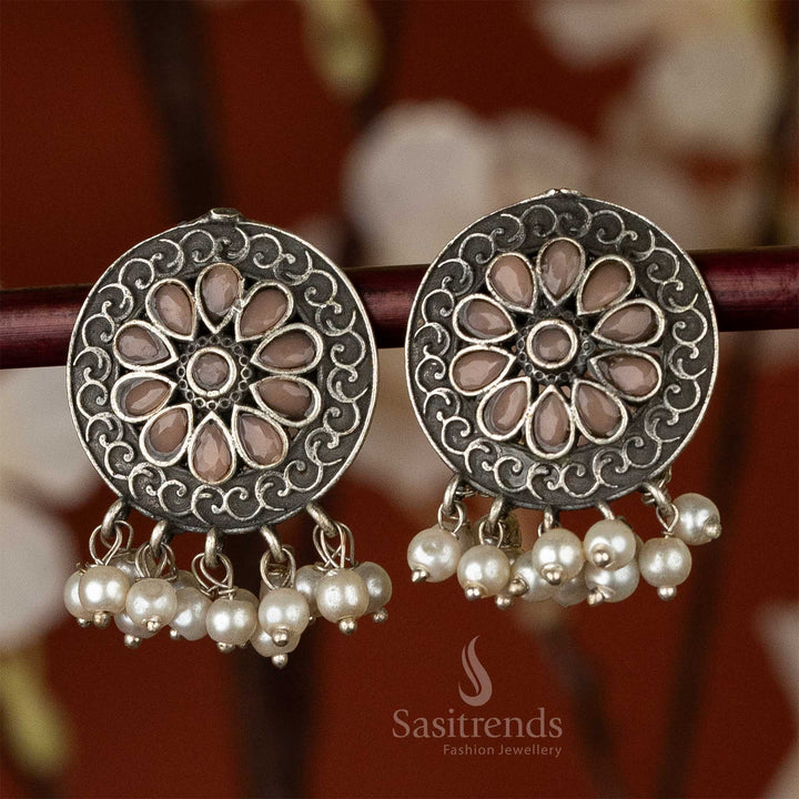 Pink Stones Oxidised Floral Pattern Pearls Hanging Earrings Sasitrends Online Shopping