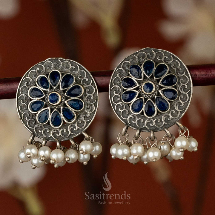 Elegant Silver-Look Oxidised Circular Earrings with Flower Pattern and Pearls - Sasitrends