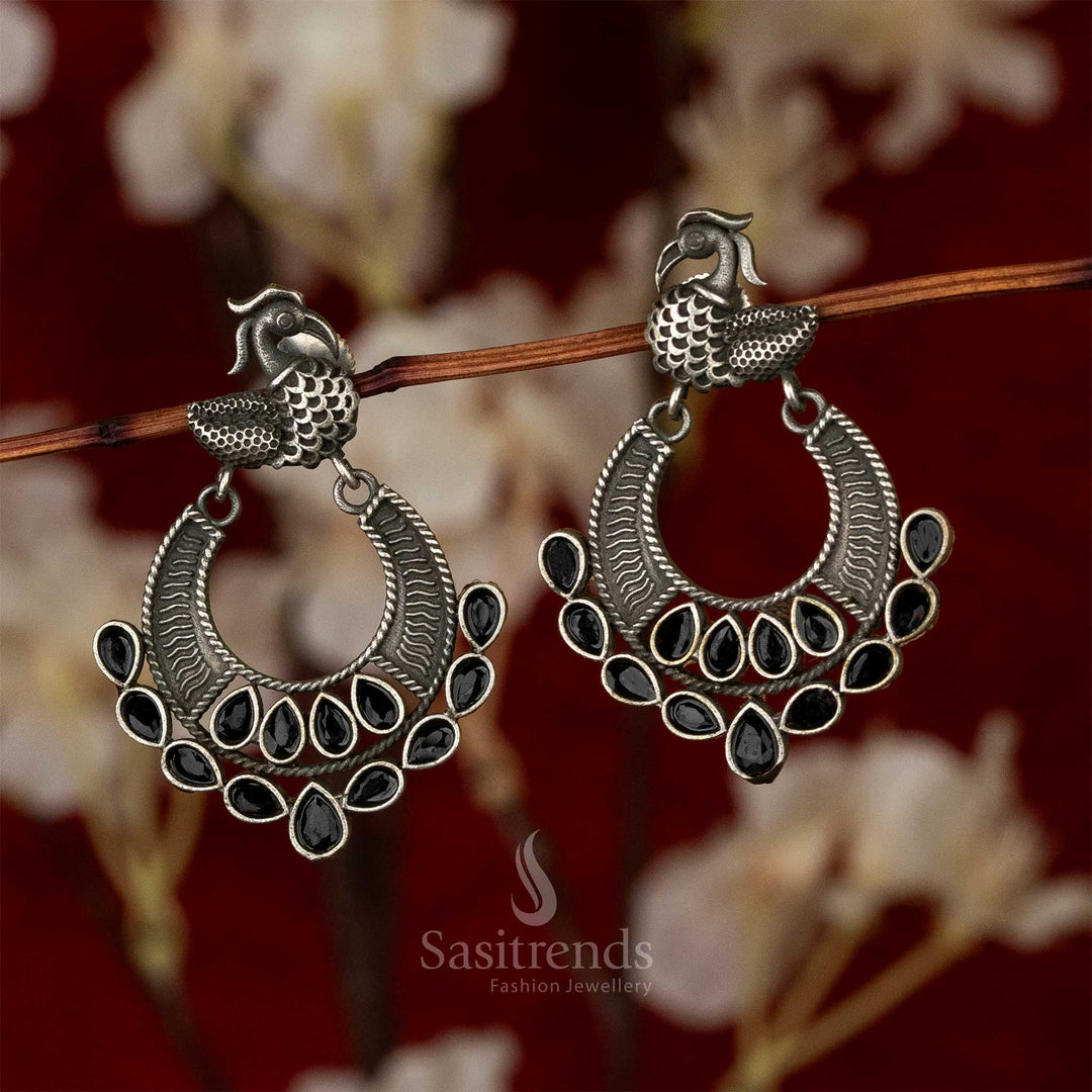 Swan Motif Semi Circle Black Earrings Trendy Oxidised Silver Look Online Shopping