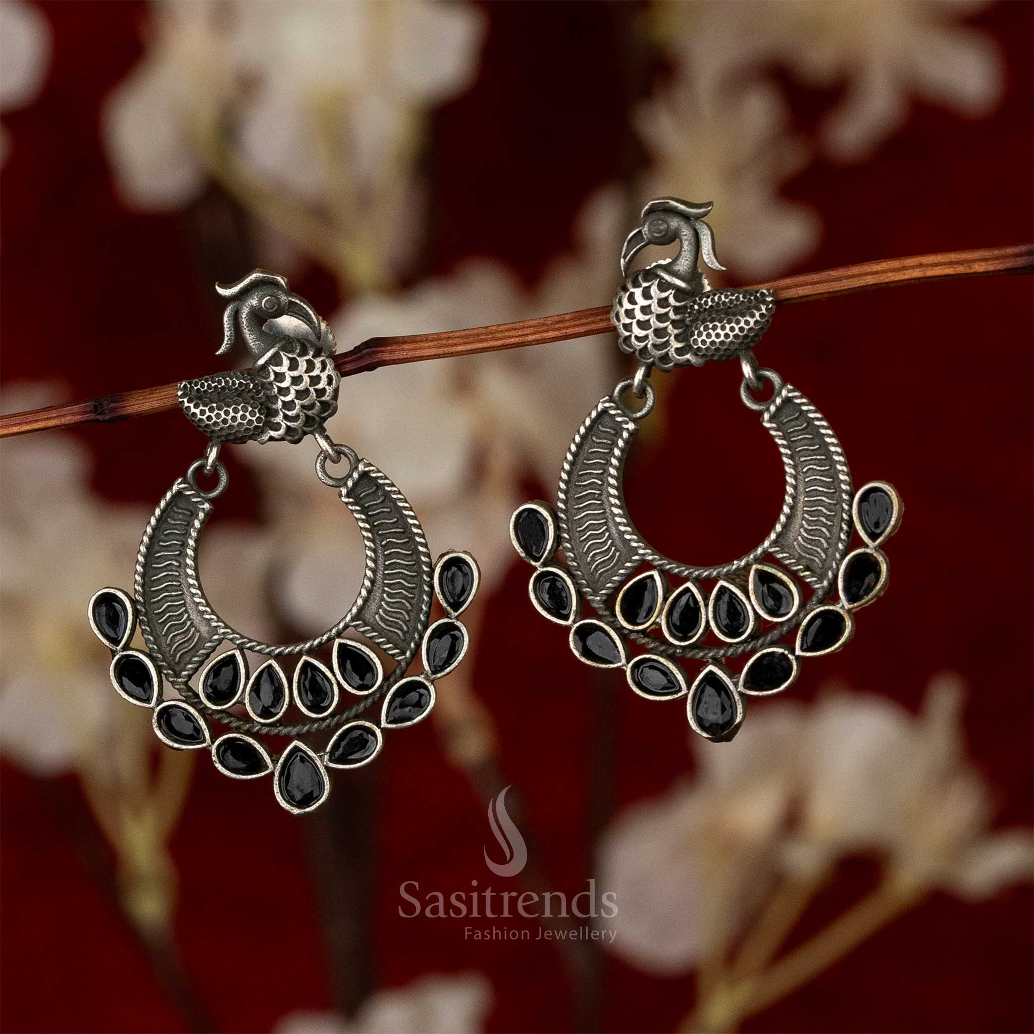 Swan Motif Semi Circle Black Earrings Trendy Oxidised Silver Look Online Shopping