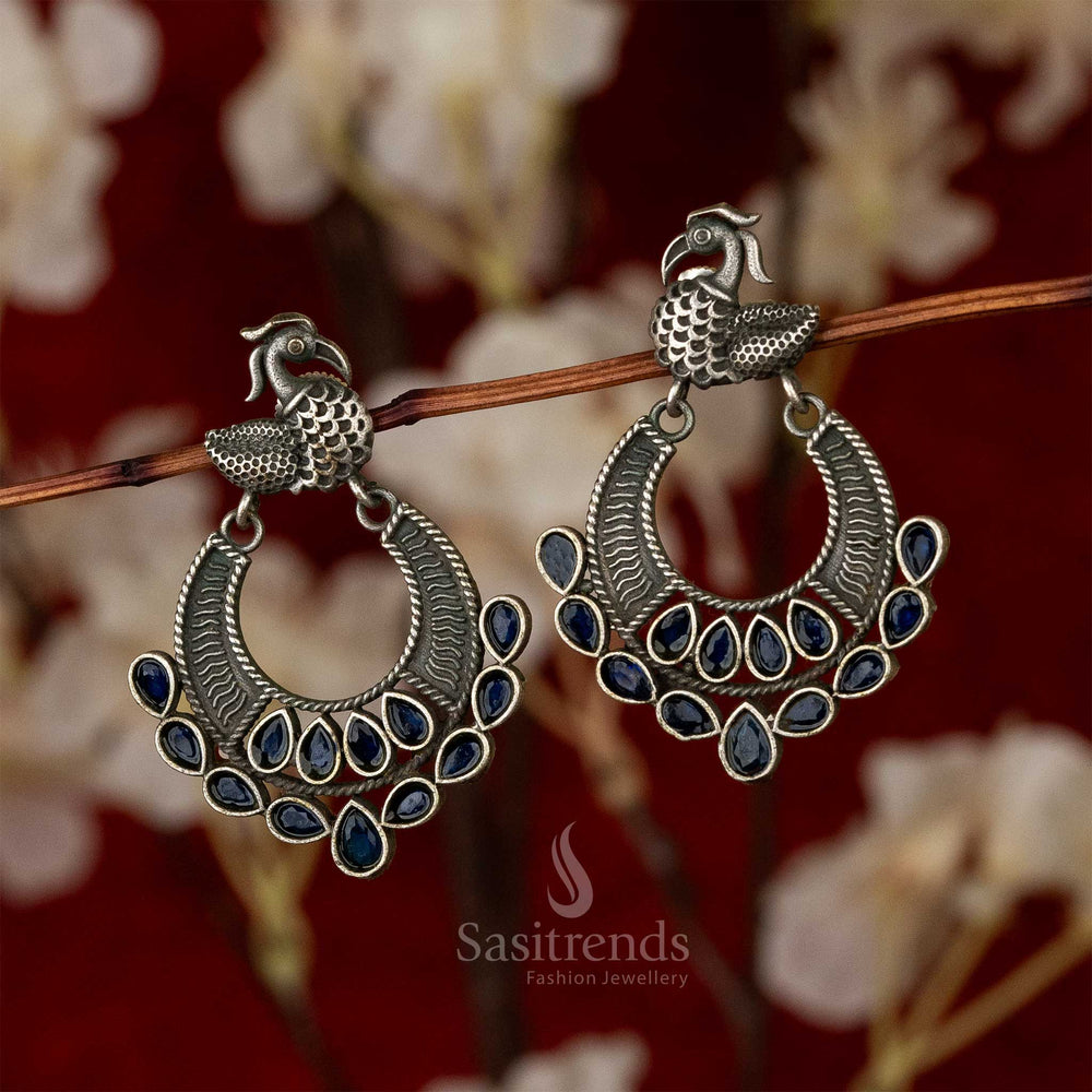 Swan Motif Semi Circle Blue Earrings Oxidised Silver Look Navarathiri Special Earrings