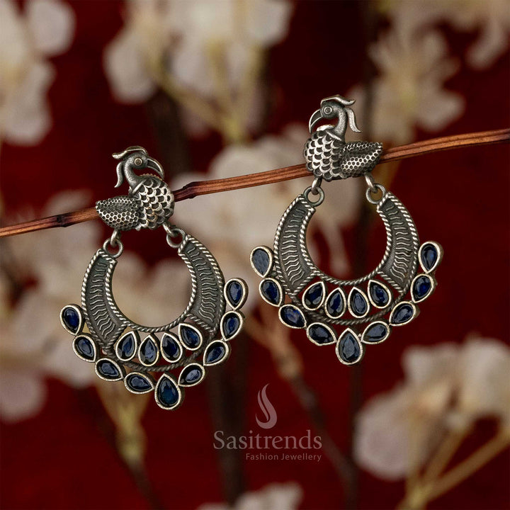 Swan Motif Semi Circle Blue Earrings Oxidised Silver Look Navarathiri Special Earrings