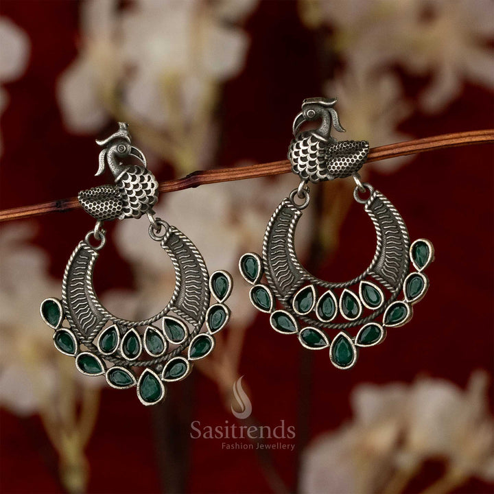 Swan Motif Semi Circle Emerald Green Earrings Latest Oxidised Silver Look Sasitrends 