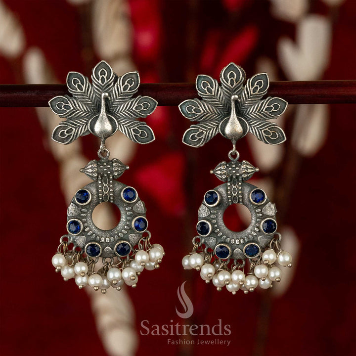 Elegant Oxidised Silver-Look Earrings with Peacock Feather Motif and Pearls
