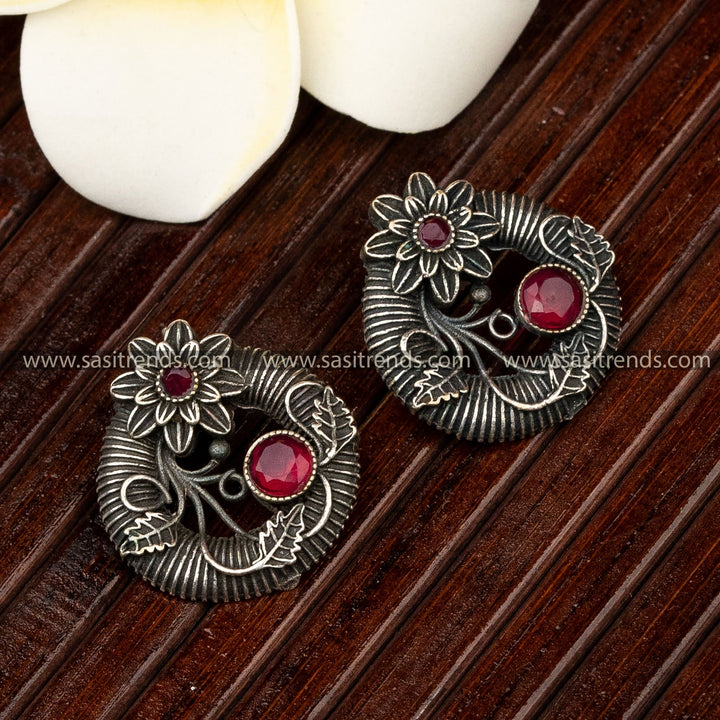 Floral Designer Latest Oxidised Silver-Look Stud Earrings - Sasitrends