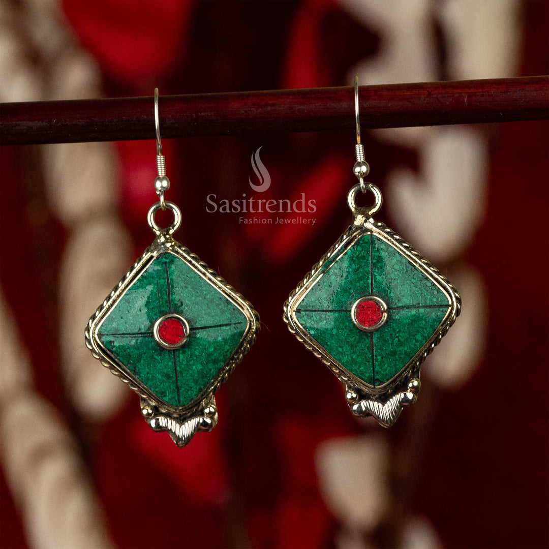 Tibetan Handmade Turquoise Earrings in Silver Alloy with Coral Accents - Spiritual and Artisanal