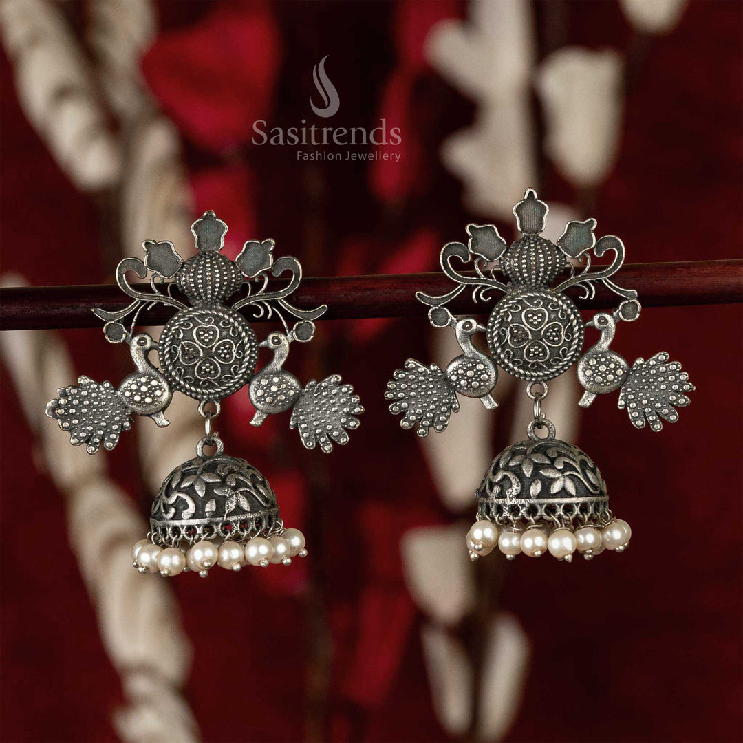 Latest Oxidised silver look alike peacock earrings with pearls for Navarathiri