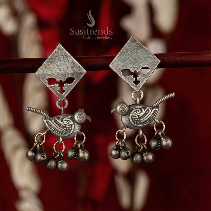 Silver Look Alike Oxidised Bird Ghungroo Earrings - Sasitrends