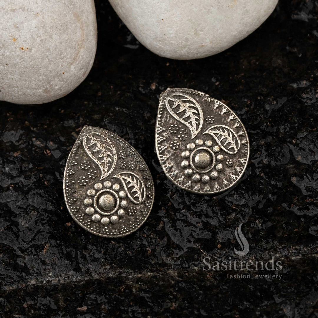 Silver Look Alike Oxidised Floral Stud Earrings for Navarathiri Sasitrends Online Shopping