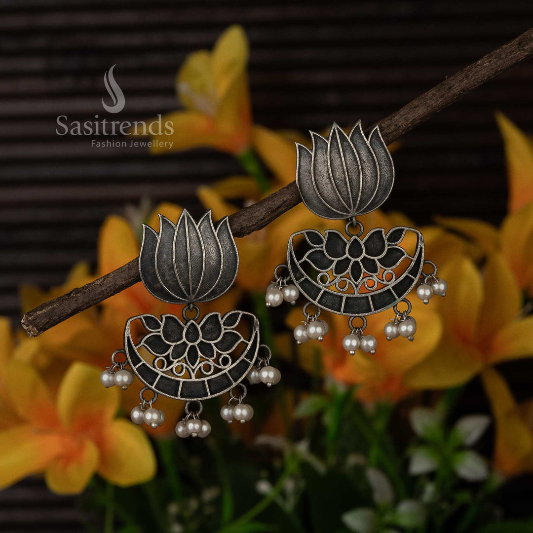 Navarathiri Special Oxidised Lotus Pearl Drop Earrings