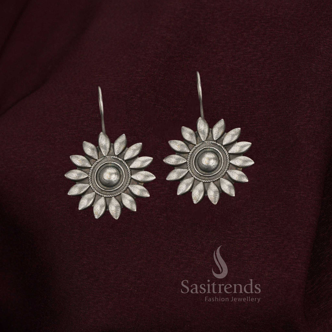 Graceful oxidised silver sunflower bloom earrings for college styling