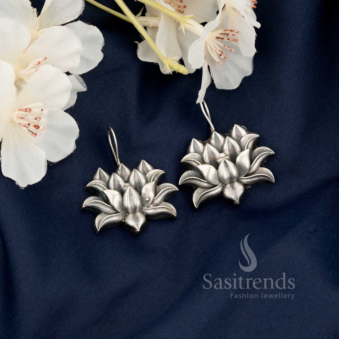 Sasitrends Simple Oxidised Silver Lotus Motif Earrings Gift