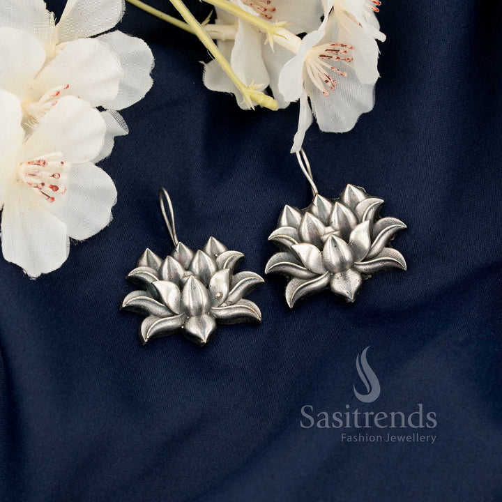 Oxidised Silver Plain Lotus Motif Earrings – Ethnic Heritage Design