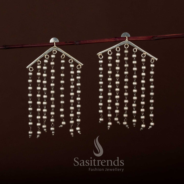 Eye Catching Casual Wear Triangular Oxidised Silver Earrings with Cascading Beaded Fringe