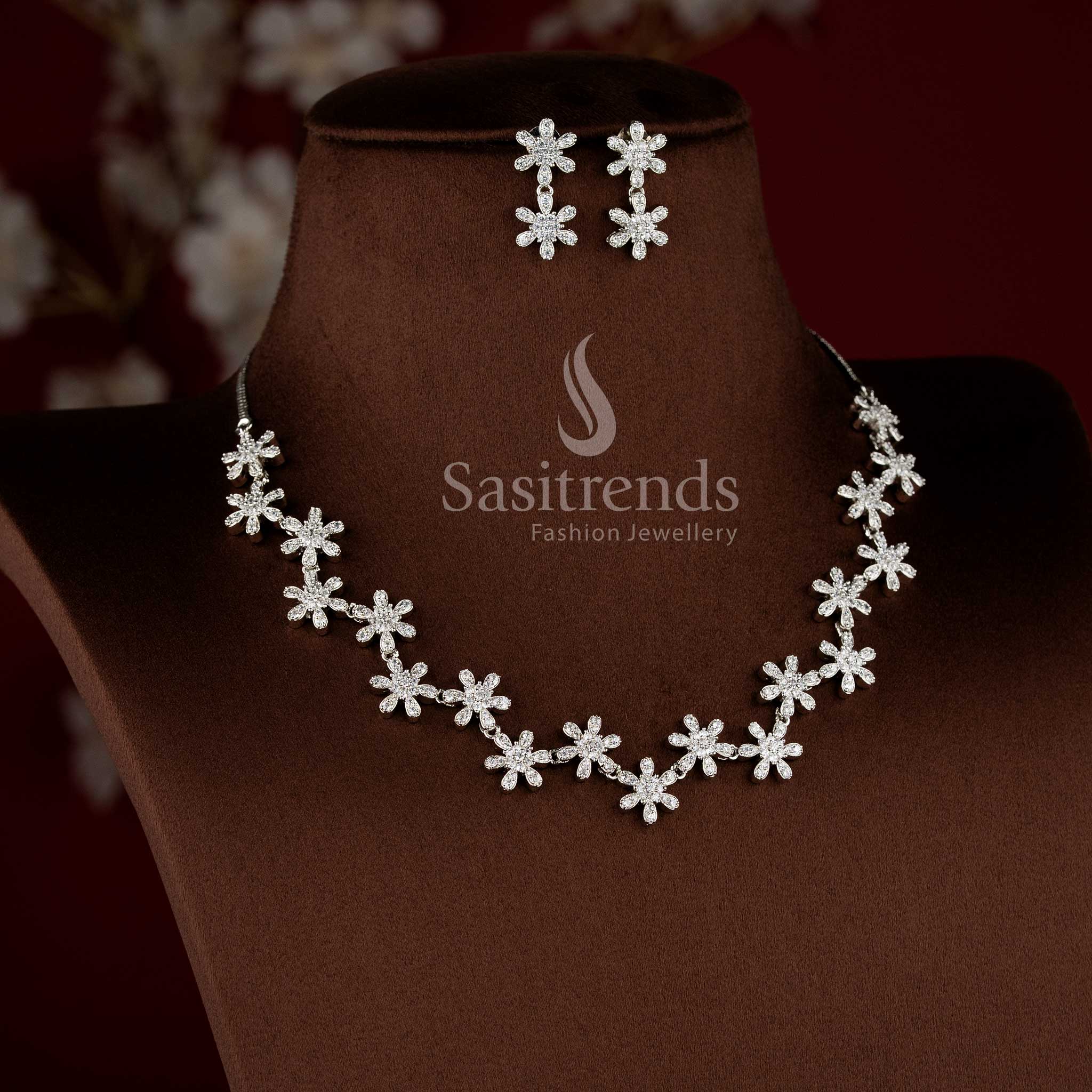 American diamond bridal party wear necklace set in rhodium silver with white AD stones by Sasitrends