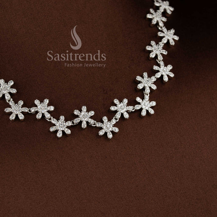 Bridal rhodium silver necklace set with white American diamonds and intricate design by Sasitrends.