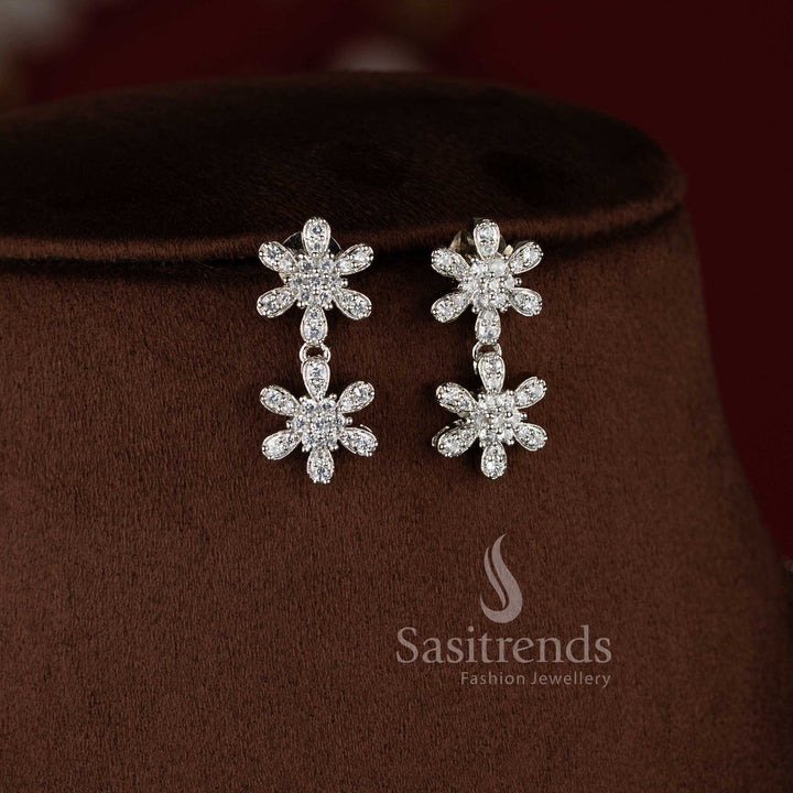 Elegant rhodium silver necklace set with white American diamond stones for bridal and party wear.