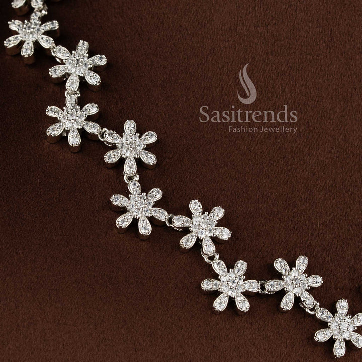 Bridal rhodium silver necklace set with white American diamonds and intricate design by Sasitrends.