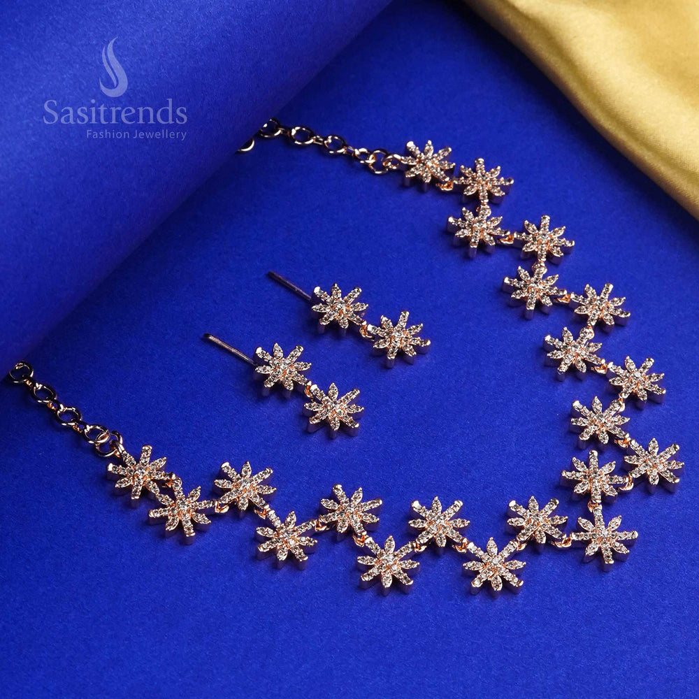 Chic rose gold plated star floral CZ jewellery set featuring American Diamond stones, a trendy festive jewellery option that combines tradition with contemporary finesse - Sasitrends