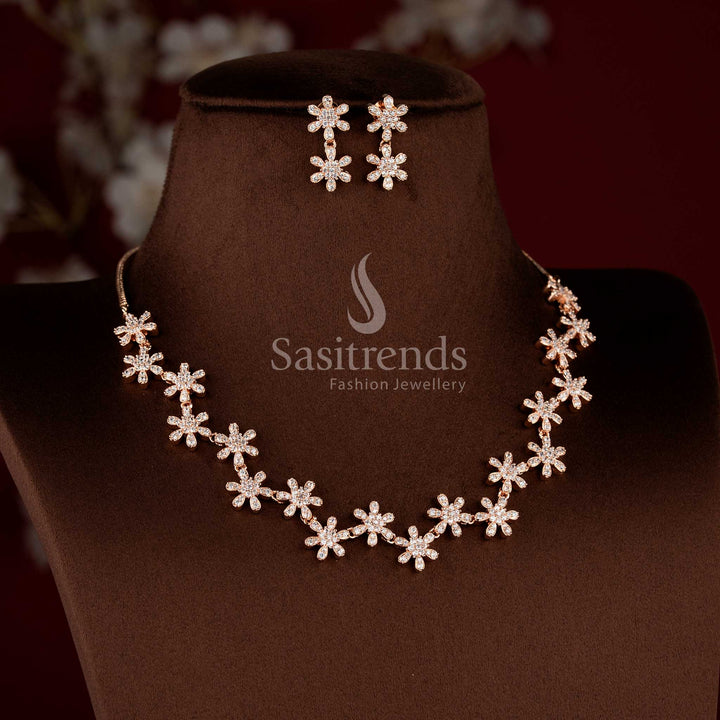 American Diamond Bridal Party Wear Necklace Set in Rhodium Silver & Rose Gold - Sasitrends