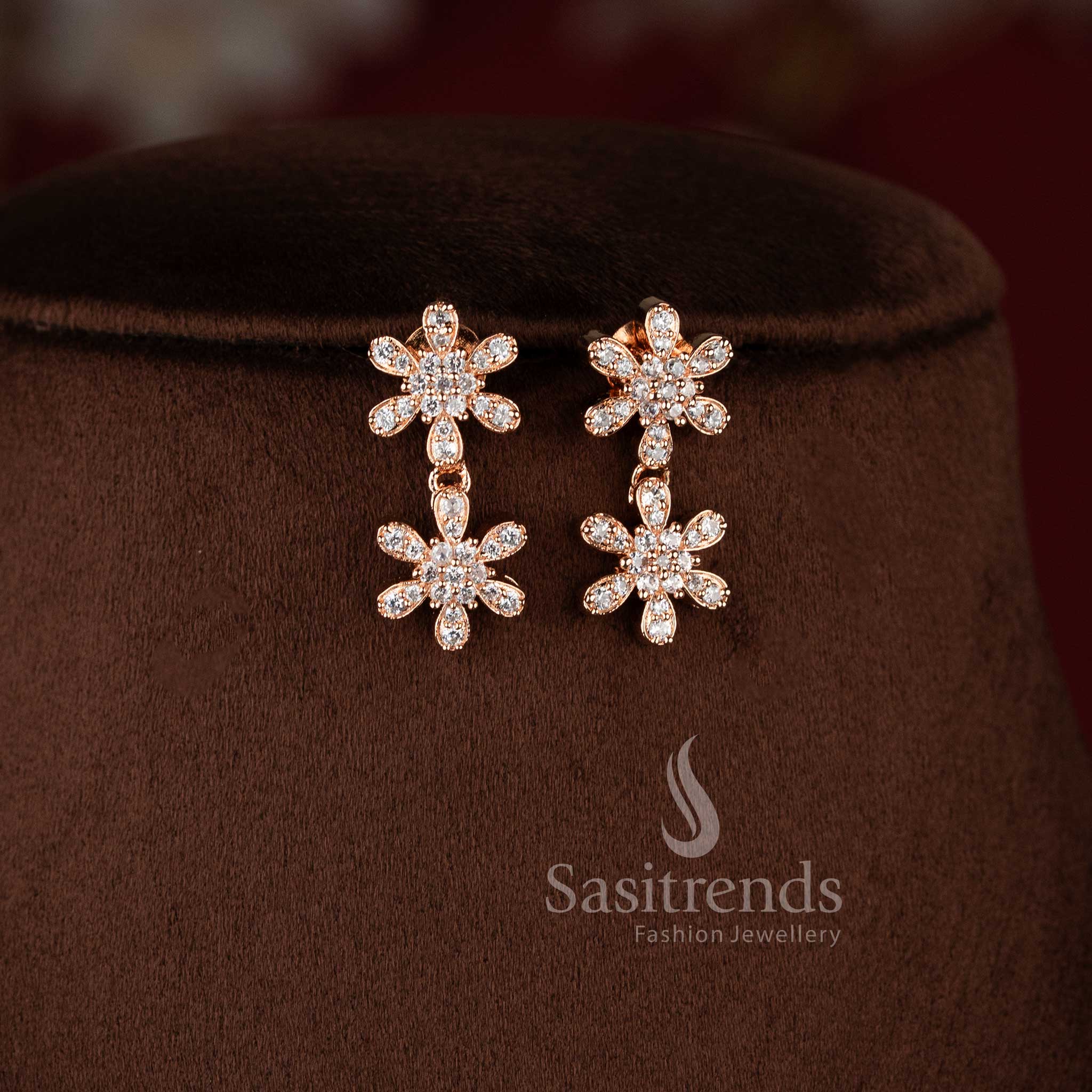 American diamond bridal party wear necklace set in rose gold with white AD stones by Sasitrends
