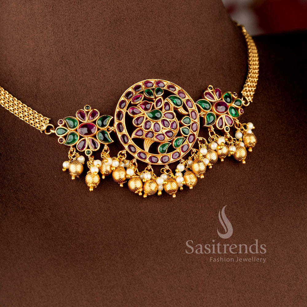 temple choker jewellery set with swan motif kemp stones and ad stones for bridal wear sasitrends
