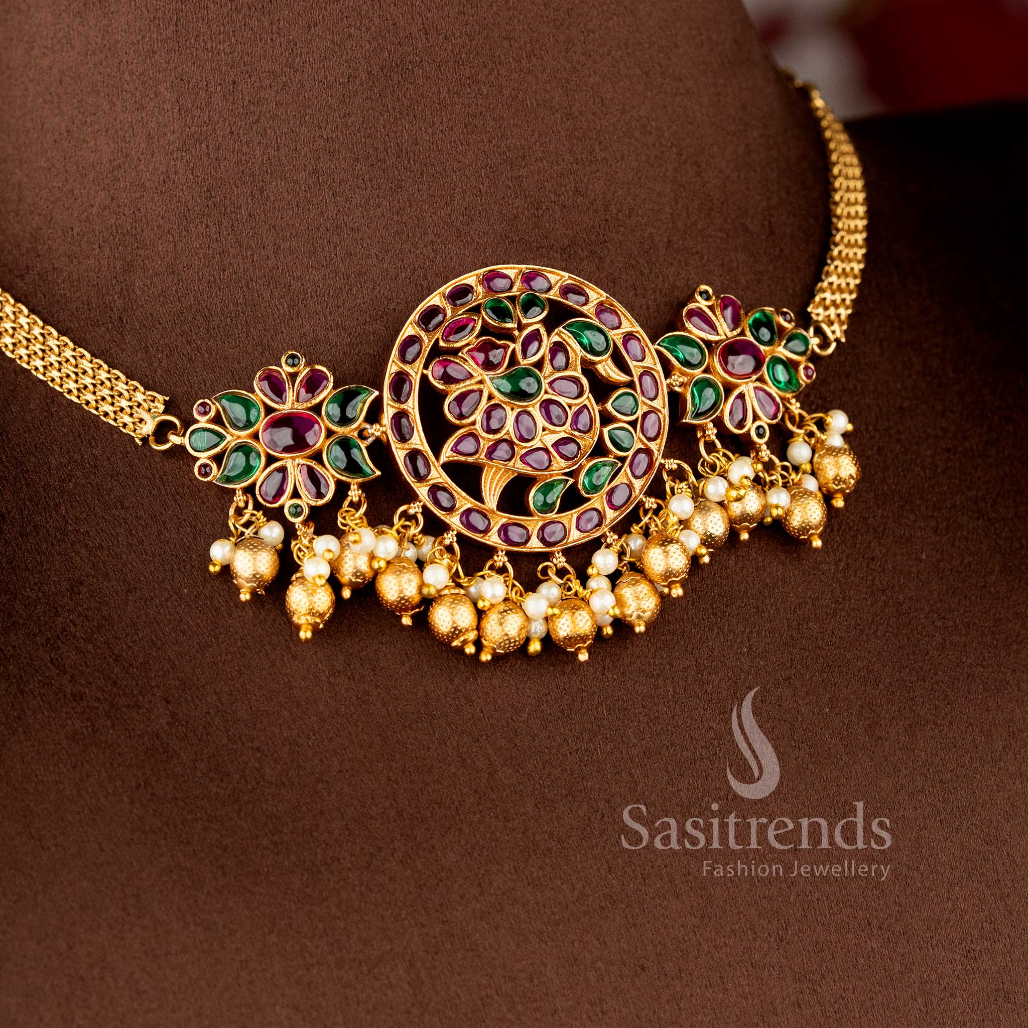 temple choker jewellery set with swan motif kemp stones and ad stones for bridal wear sasitrends