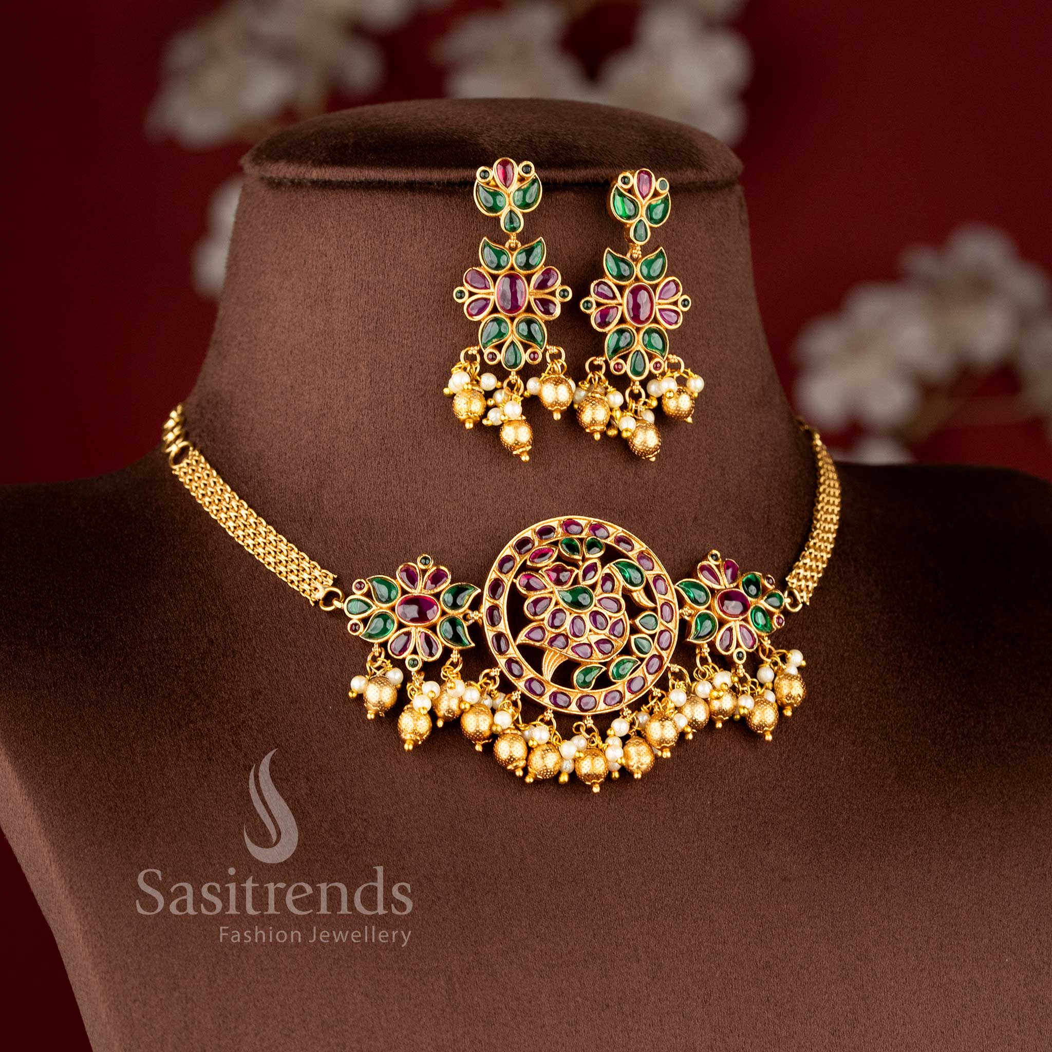 matte gold floral choker necklace with swan design kemp ad stones wedding jewellery sasitrends