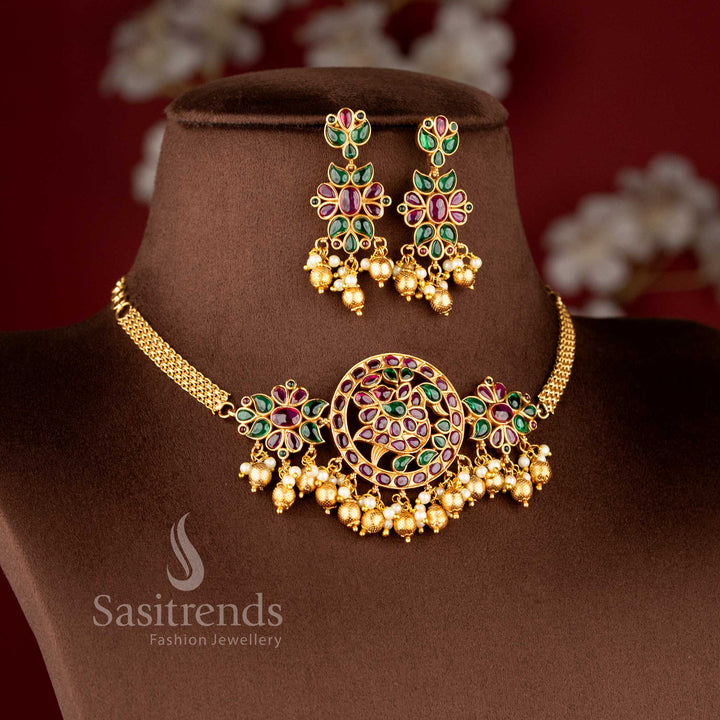 Temple Matte Gold Floral Swan Motif Choker Jewellery Set with Kemp AD Stones for Bridal & Wedding Wear - Sasitrends