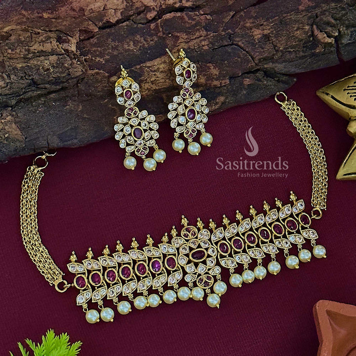 Majestic bridal temple matte gold tone oval motif choker jewellery set with ruby kemp stones and heritage pearl hangings for traditional South Indian wedding look – Sasitrends