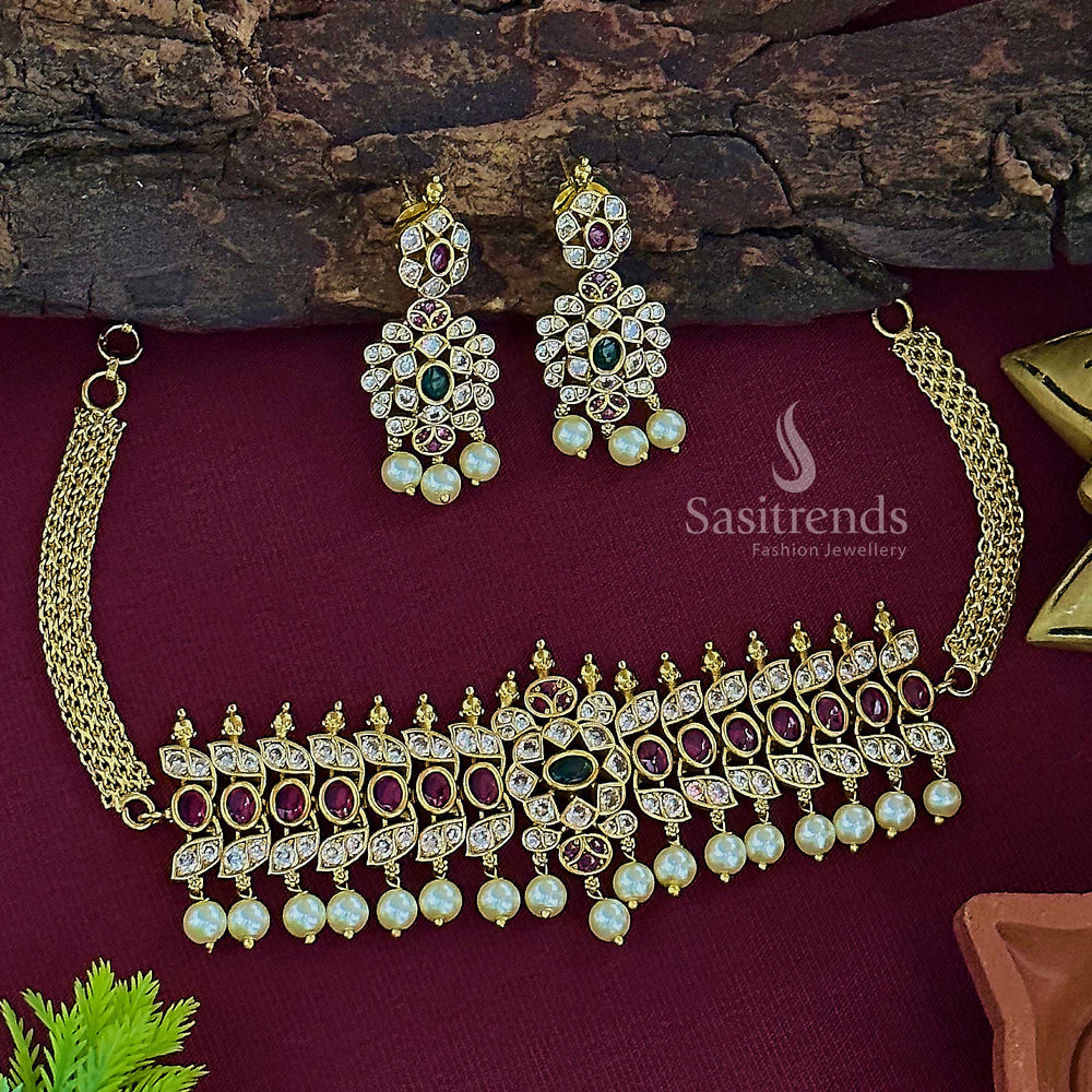 Artisanal matte gold tone bridal choker jewellery set featuring oval motifs, vibrant multi stones, and layered pearls ideal for traditional ceremony ensemble – Sasitrends