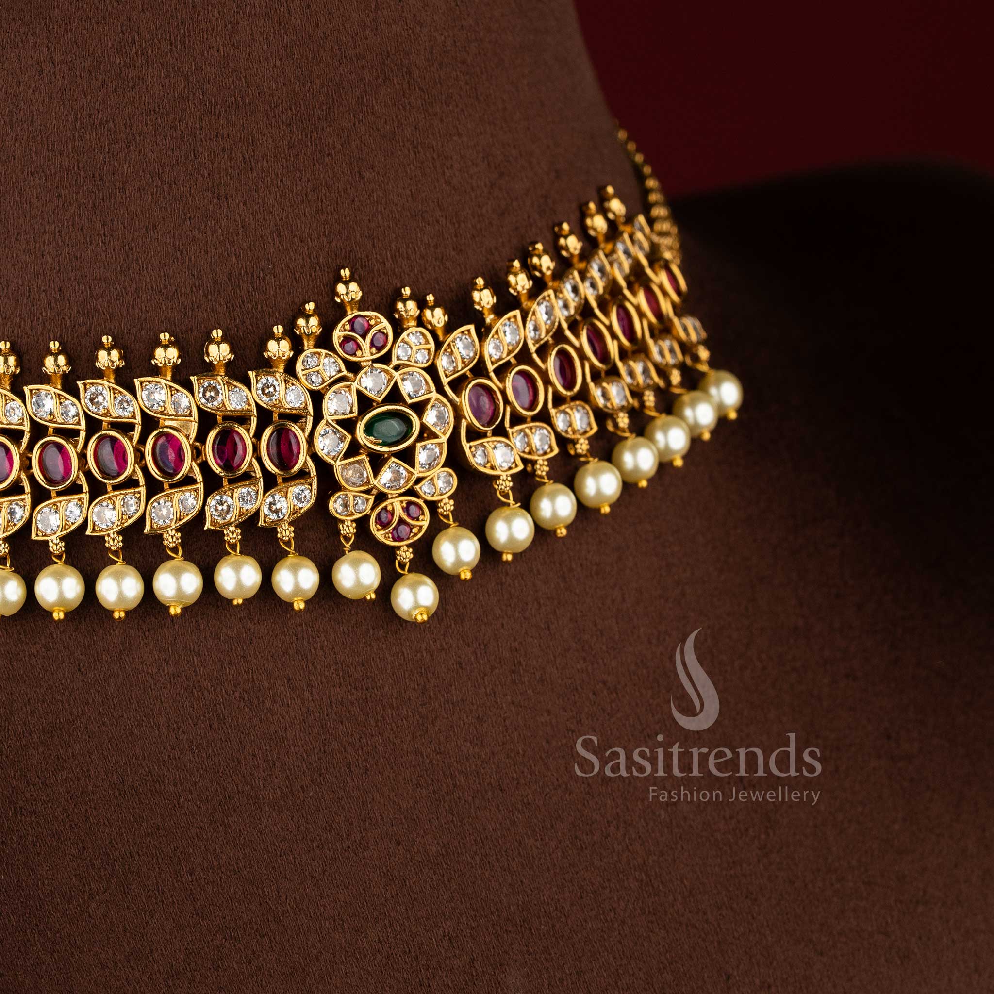 Traditional temple jewellery matte gold oval design choker necklace set with pearl drops for women.