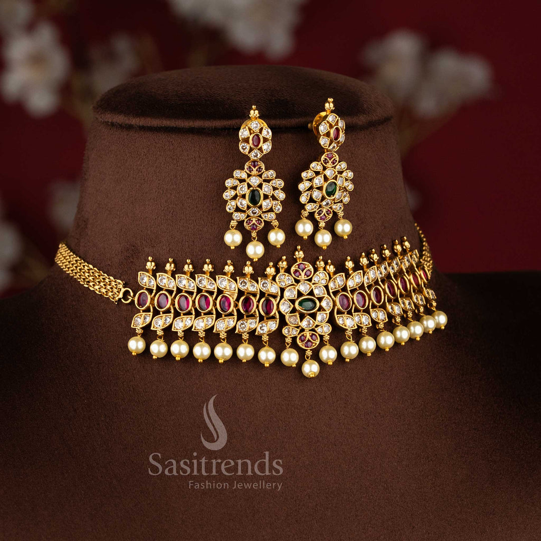 Latest bridal wear temple matte gold tone oval motif pearl choker necklace set by Sasitrends.