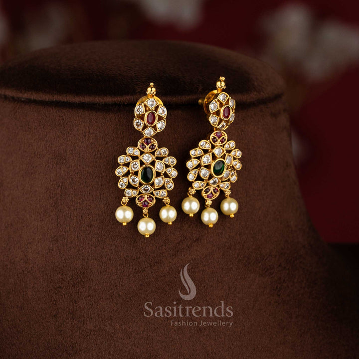 Traditional temple jewellery matte gold oval design choker necklace set with pearl drops for women.