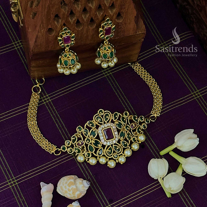 Trendy Bridal Temple Matte Gold Tone Pearl Choker AD Jewellery Set with Jhumkas | Sasitrends