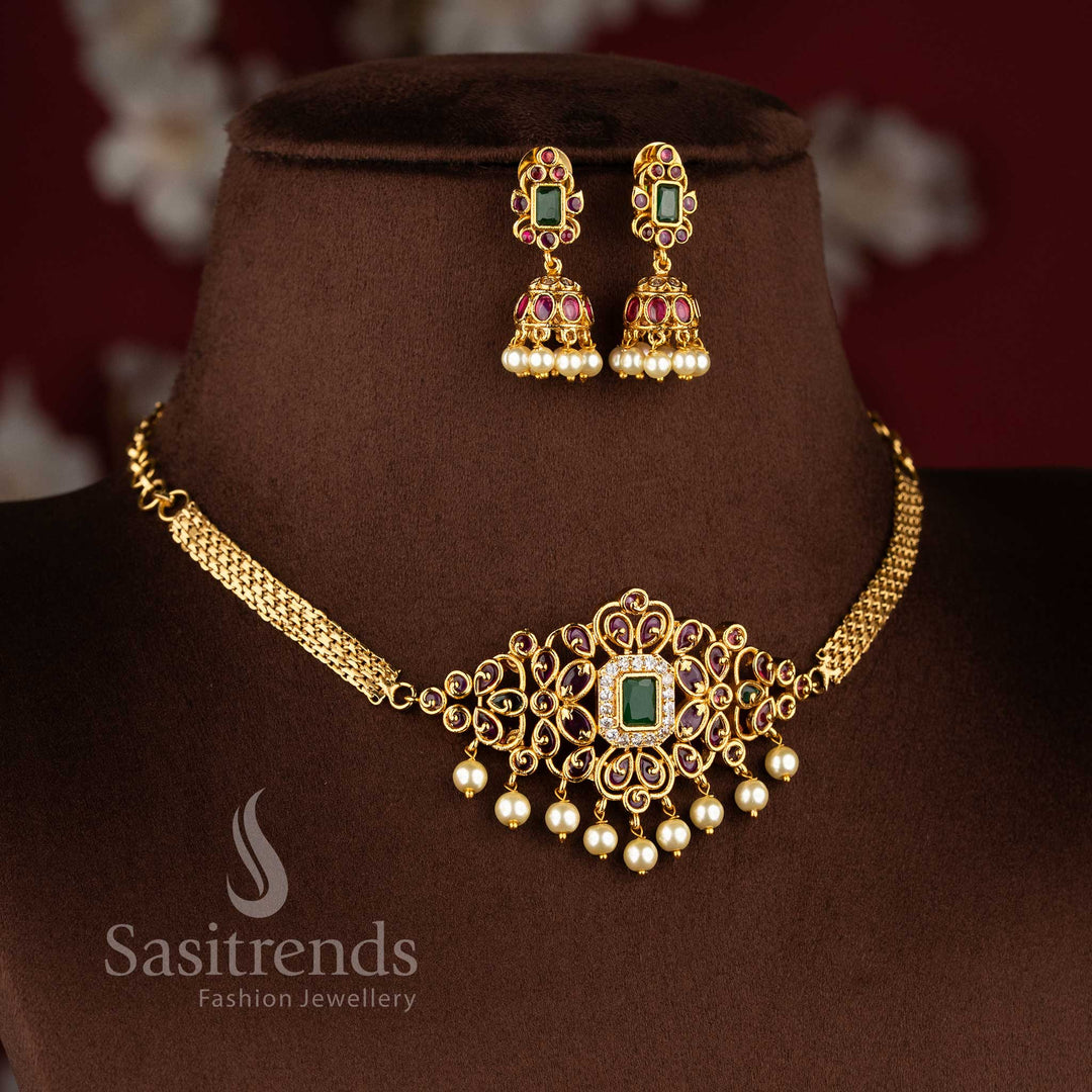 Temple matte gold plated ruby multi choker necklace set with American diamond stones and pearl drops by Sasitrends