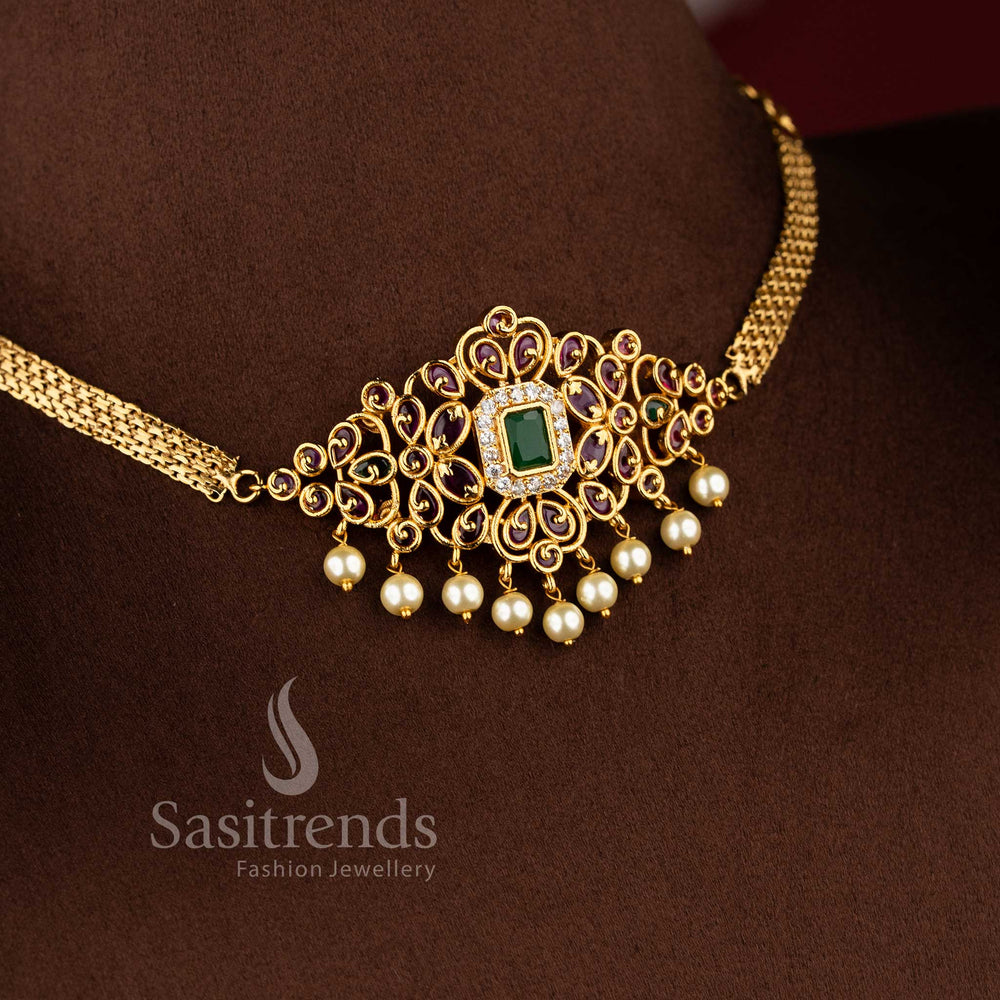 Traditional matte gold ruby multi stone choker necklace jewellery set for bridal and festive wear.
