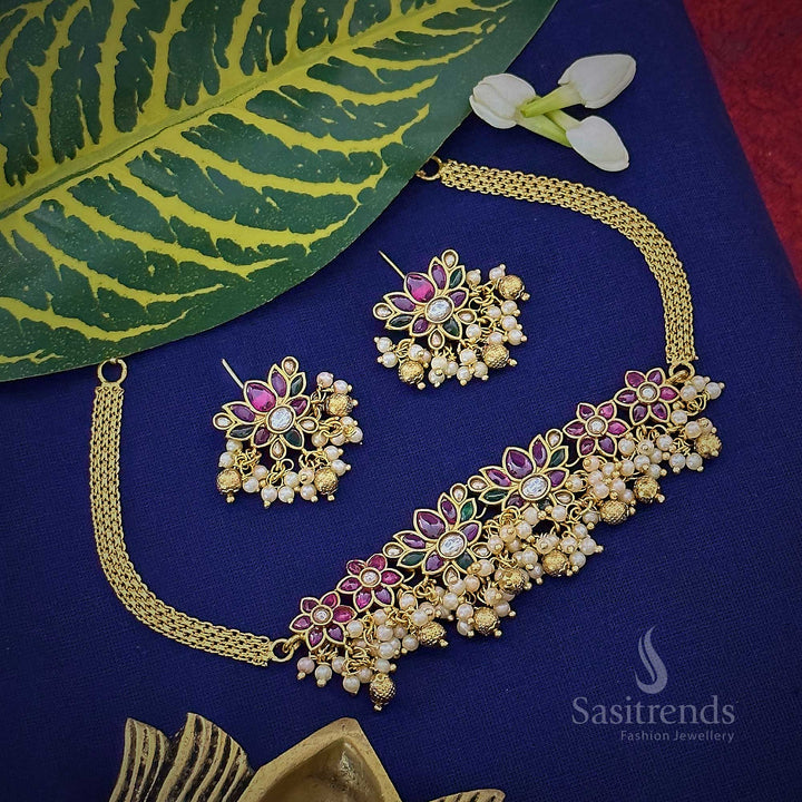 Trendy Lotus Pattern Temple Matte Gold Plated Pearl Choker AD Jewellery Set | Sasitrends