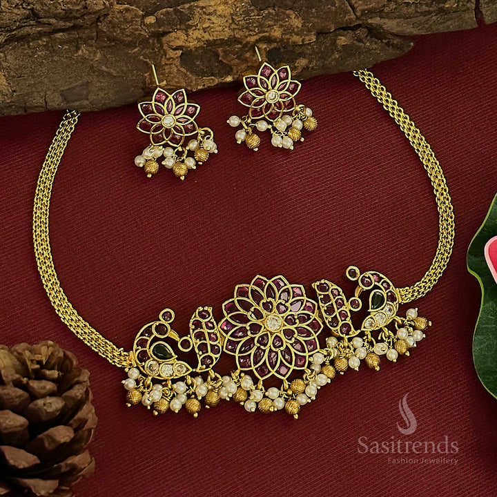 Trendy Temple Matte Gold Tone Peacock Floral Choker Jewellery Set with AD Stones | Sasitrends